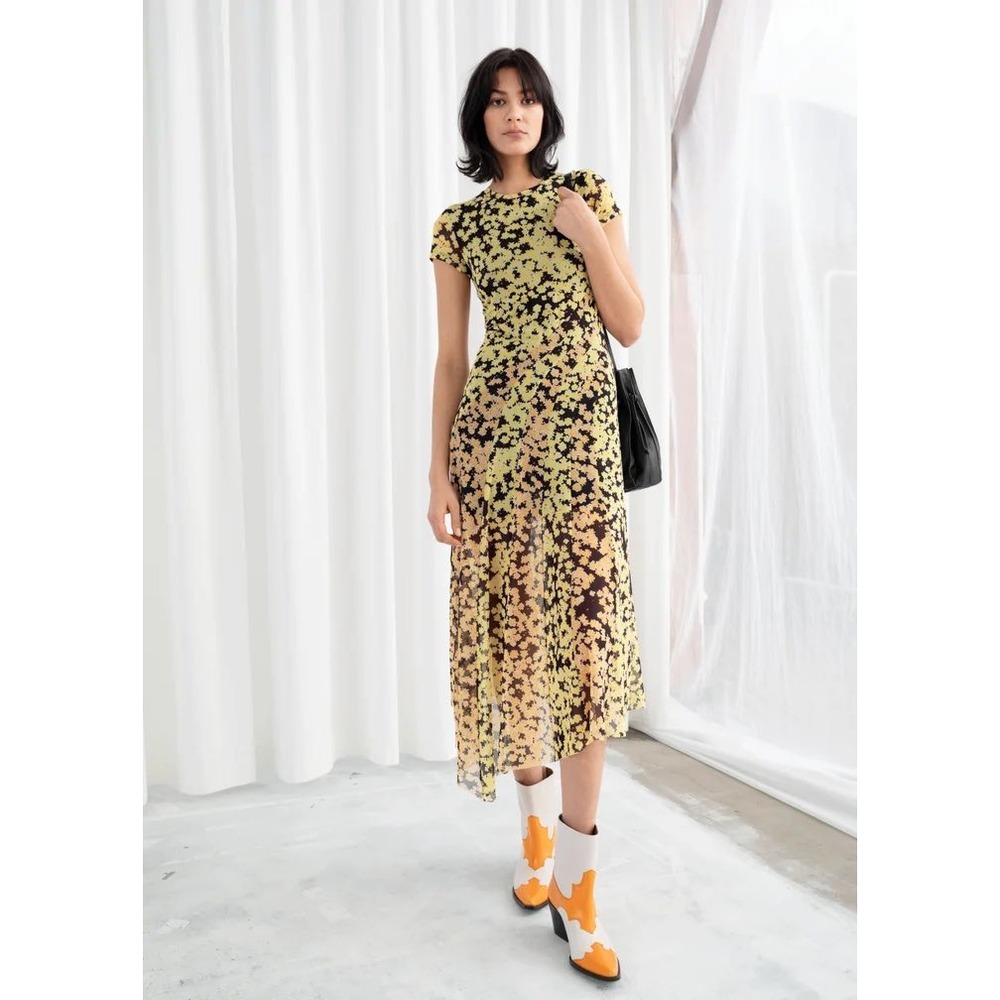 & Other Stories Yellow Floral Mesh Asymmetrical Midi Dress Size US 10